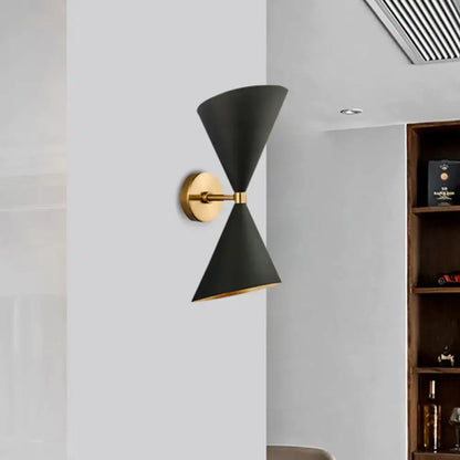 Minimalist black & gold wall lamp with double cone-shaped shades bedroom