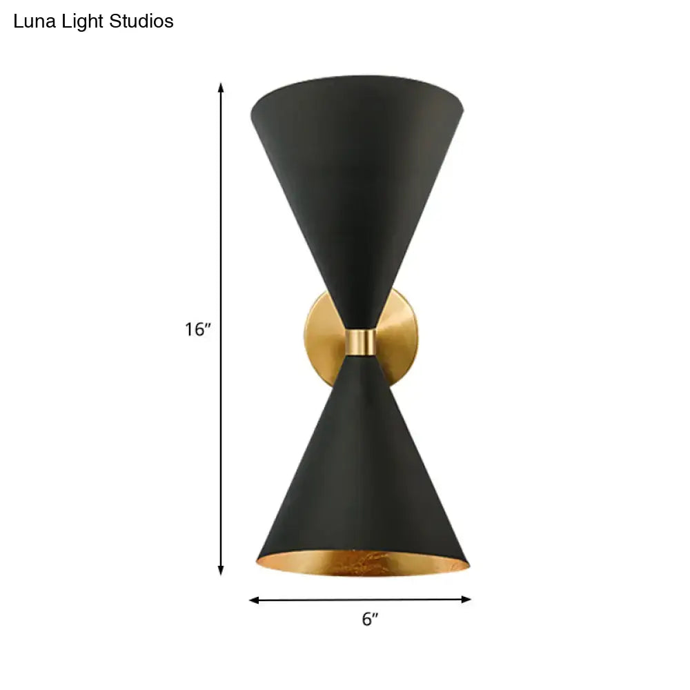 Minimalist black & gold wall lamp with double cone-shaped shades bedroom