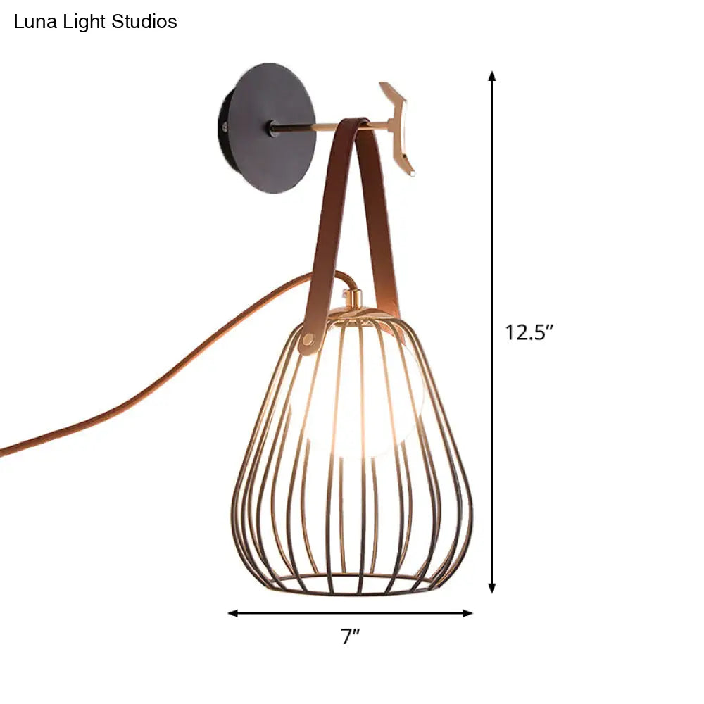 DecorBites™ Minimalist Black LED Wall Sconce with Leather Handle - Pear Cage Iron Design