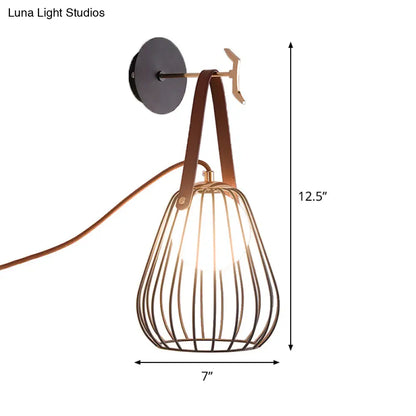 DecorBites™ Minimalist Black LED Wall Sconce with Leather Handle - Pear Cage Iron Design