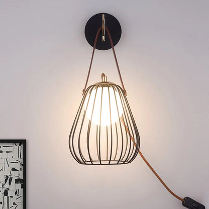 DecorBites™ Minimalist Black LED Wall Sconce with Leather Handle - Pear Cage Iron Design