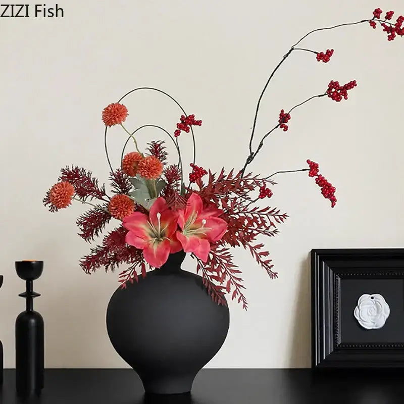 Minimalist black matte big belly ceramic vase living room decor