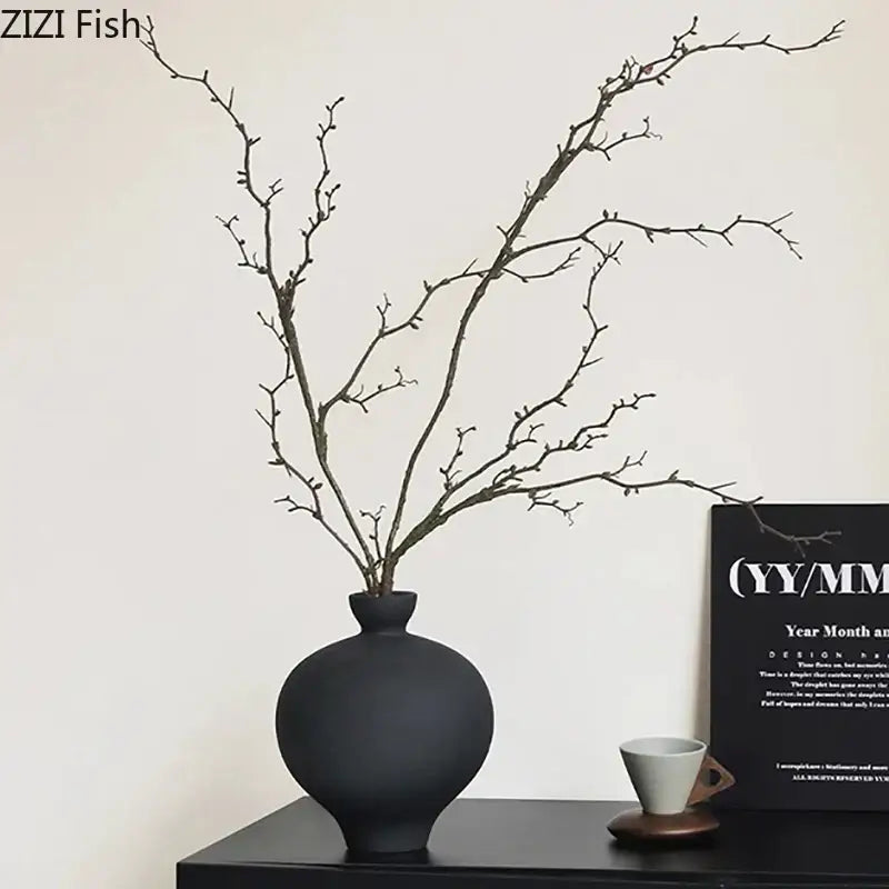 Minimalist black matte big belly ceramic vase living room decor