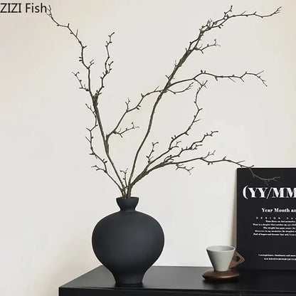 Minimalist black matte big belly ceramic vase living room decor