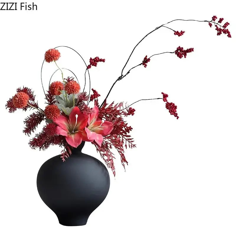 Minimalist black matte big belly ceramic vase living room decor