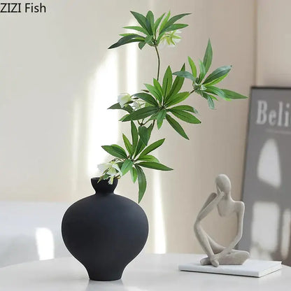 Minimalist black matte big belly ceramic vase living room decor