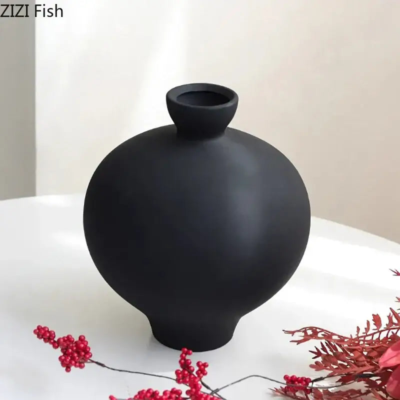 Minimalist black matte big belly ceramic vase living room decor