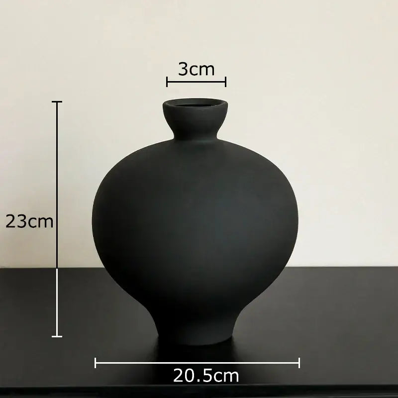 Minimalist black matte big belly ceramic vase living room decor