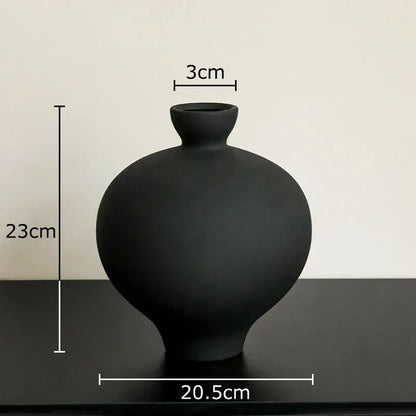 Minimalist black matte big belly ceramic vase living room decor
