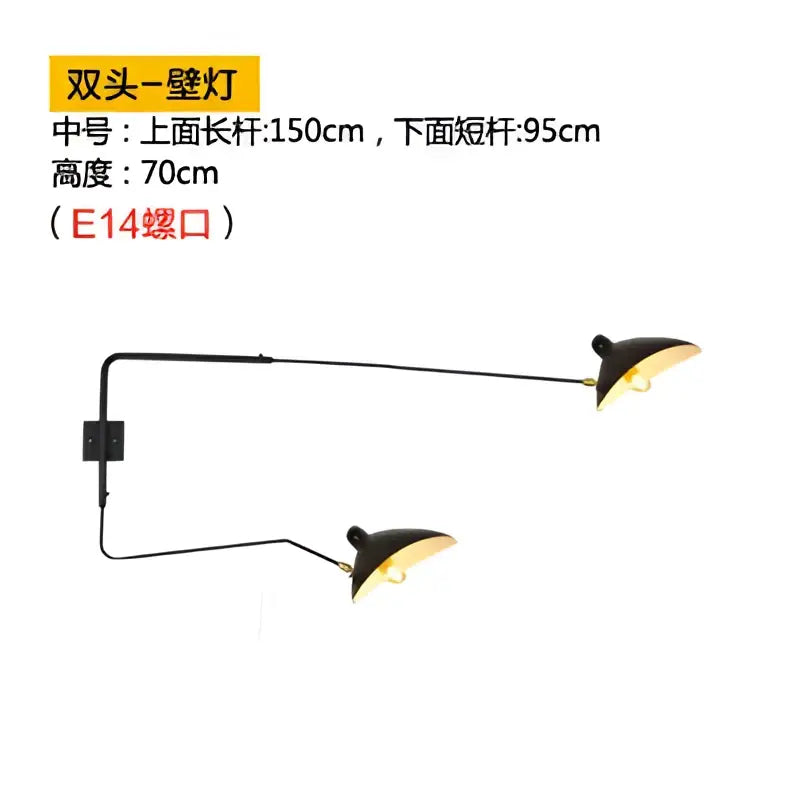 Minimalist black two arm wall lamp bedroom swing arm light