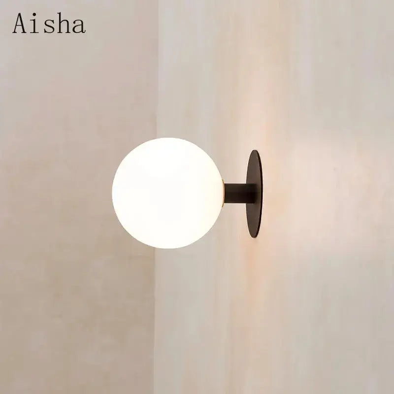Minimalist black wall lamp with white glass globe bedroom lighting fixture
