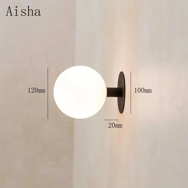 Minimalist black wall lamp with white glass globe bedroom lighting fixture
