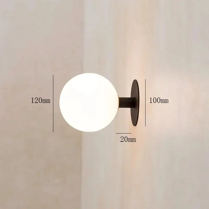 Minimalist black wall lamp with white glass globe bedroom lighting fixture