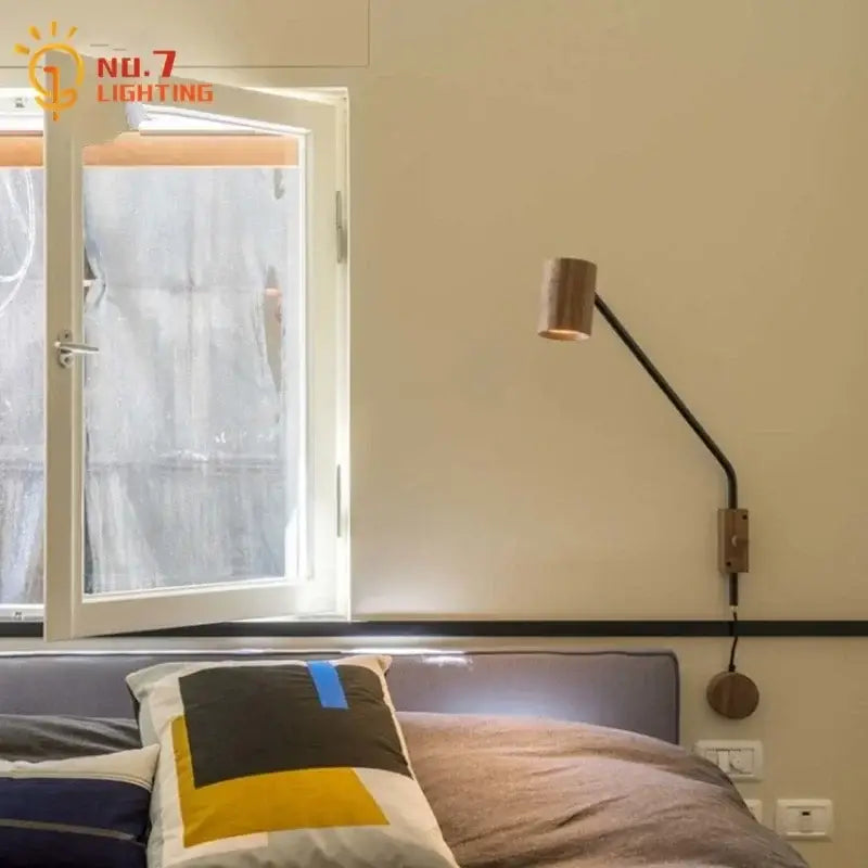 Minimalist black walnut swing arm wall lamp for bedroom decor