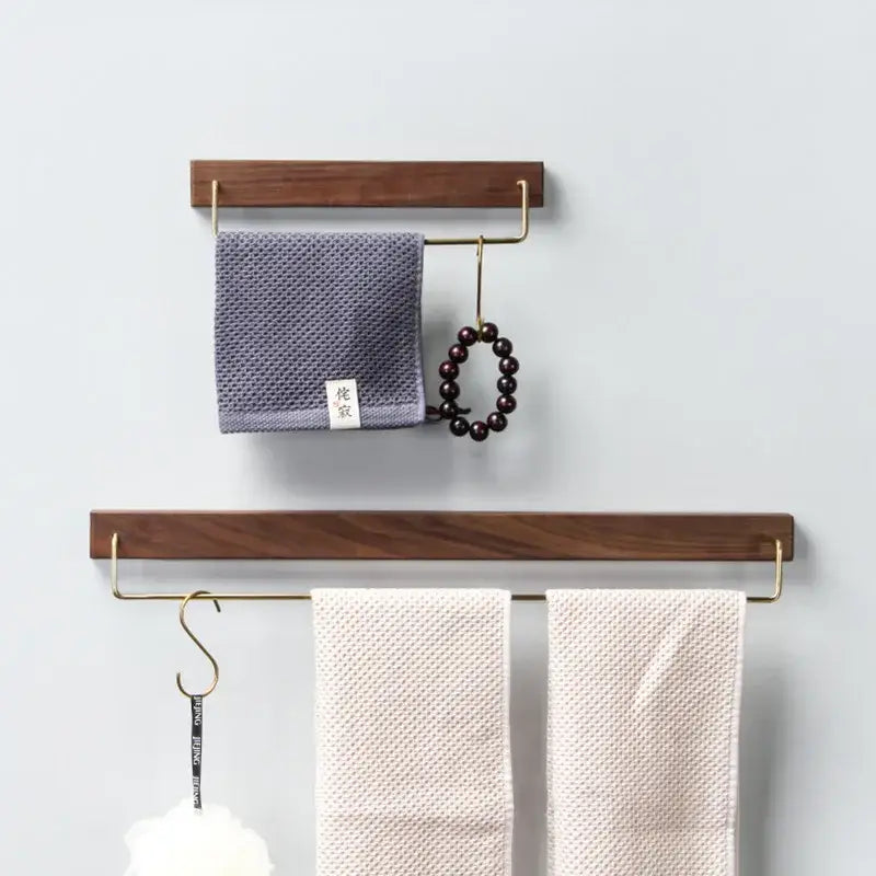 Minimalist black walnut wood towel rack 2 pack bathroom brass accents
