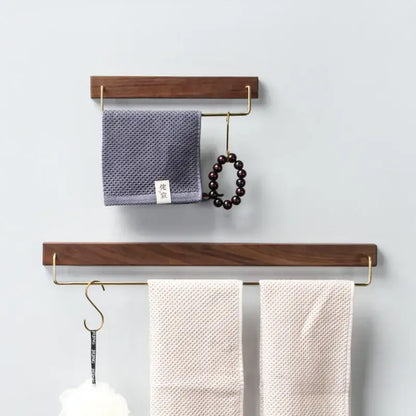 Minimalist black walnut wood towel rack 2 pack bathroom brass accents