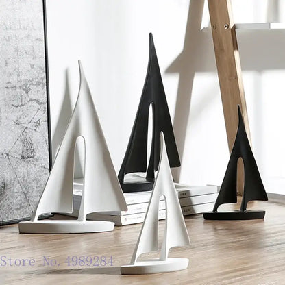 Minimalist black & white abstract resin sailboat living room decor