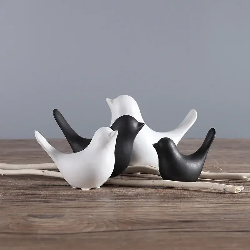 Minimalist black & white ceramic bird figurine set living room decor