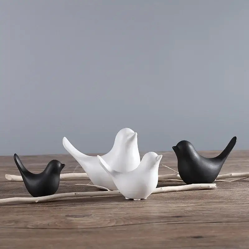 Minimalist black & white ceramic bird figurine set living room decor