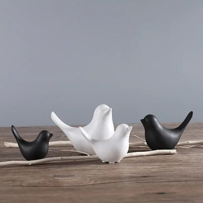 Minimalist black & white ceramic bird figurine set living room decor