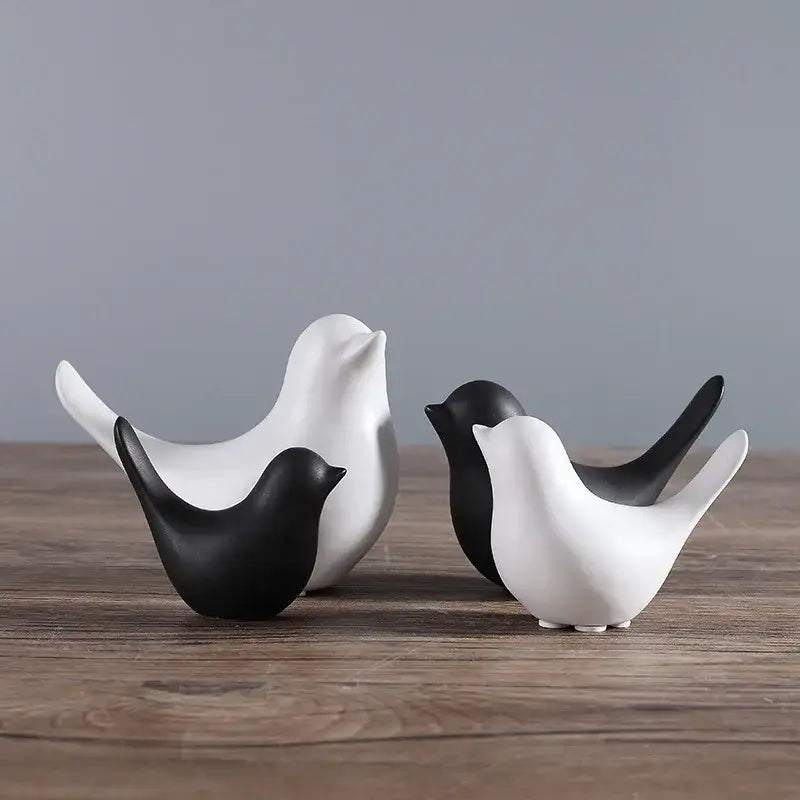 Minimalist black & white ceramic bird figurine set living room decor
