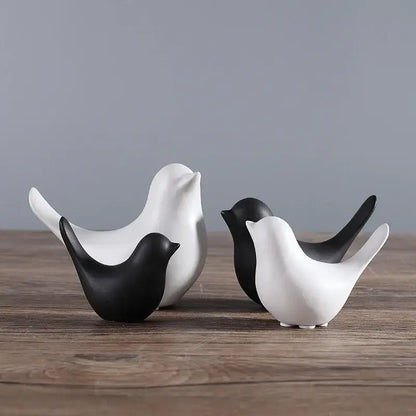 Minimalist black & white ceramic bird figurine set living room decor