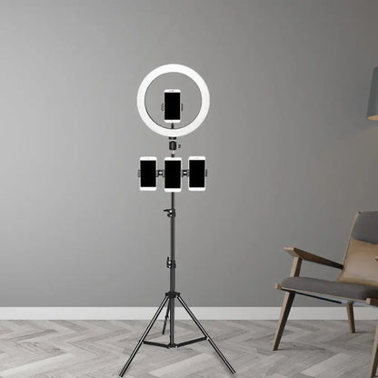 Minimalist black & white mobile phone holder with ring light bedroom