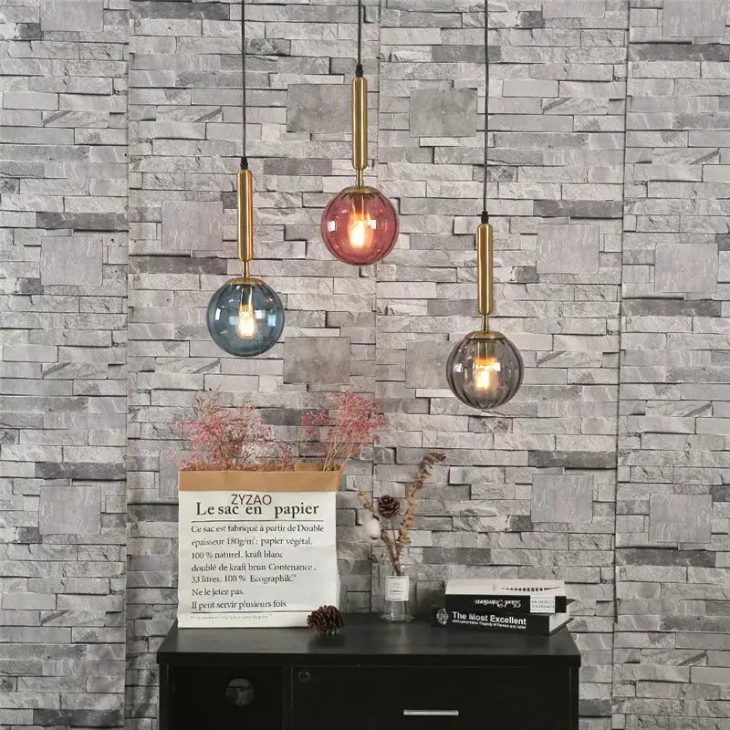 Minimalist blue pink & gray glass ball pendant light living room