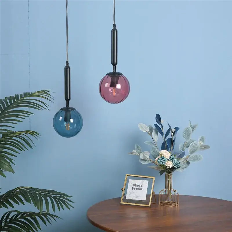 Minimalist blue pink & gray glass ball pendant light living room