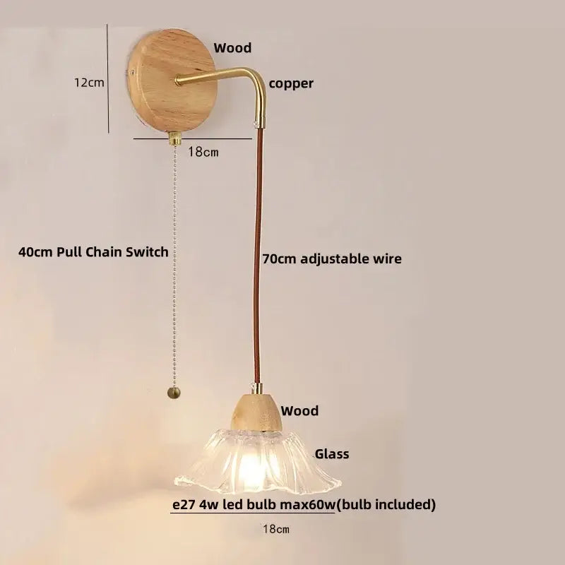 Minimalist brass and clear glass wall light bedroom pull chain switch