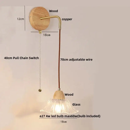 Minimalist brass and clear glass wall light bedroom pull chain switch