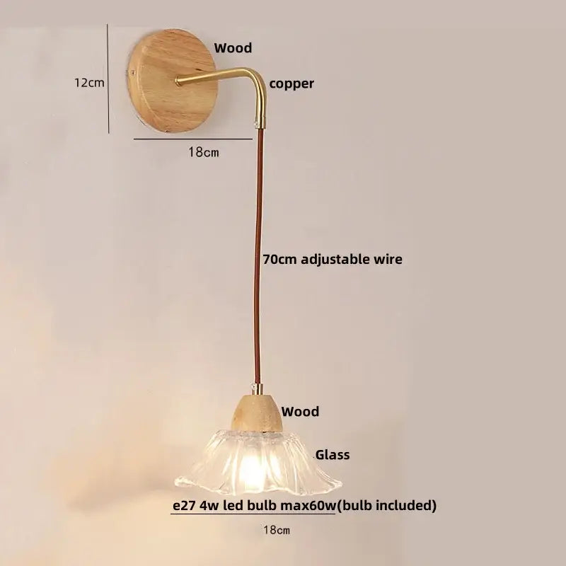 Minimalist brass and clear glass wall light bedroom pull chain switch