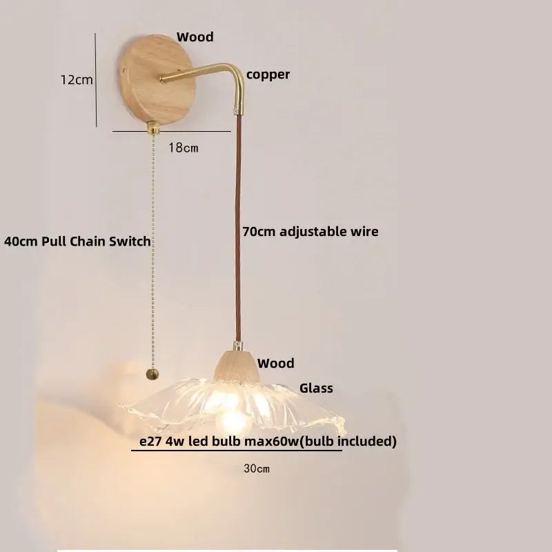 Minimalist brass and clear glass wall light bedroom pull chain switch