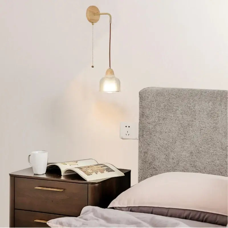 Minimalist brass and clear glass wall light bedroom pull chain switch