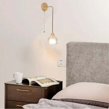 Minimalist brass and clear glass wall light bedroom pull chain switch