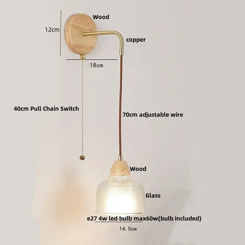 Minimalist brass and clear glass wall light bedroom pull chain switch