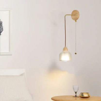 Minimalist brass and clear glass wall light bedroom pull chain switch