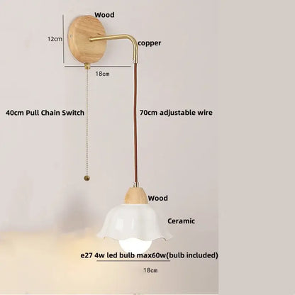 Minimalist brass and clear glass wall light bedroom pull chain switch