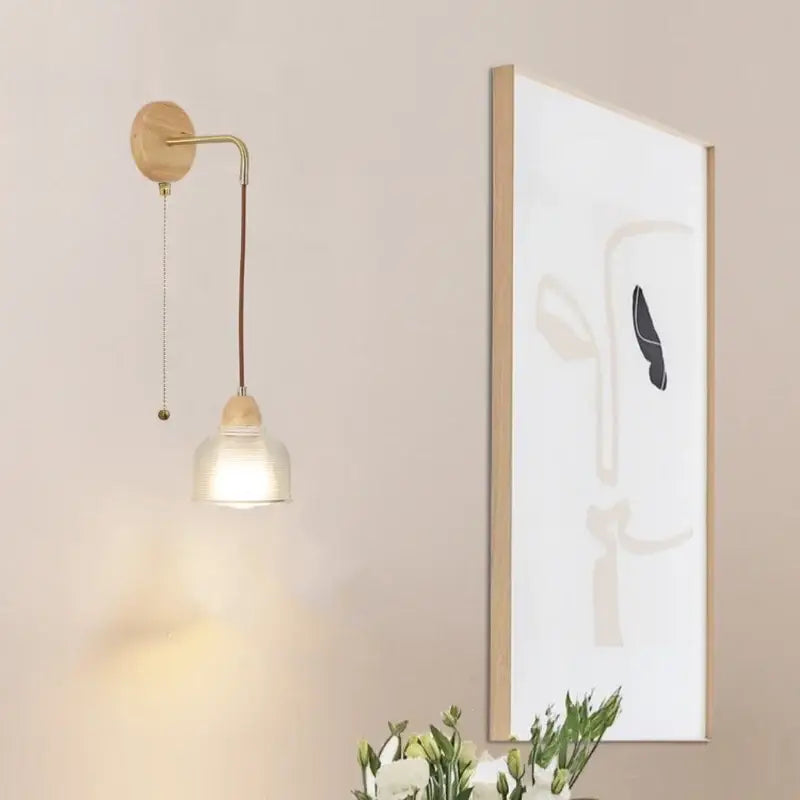 Minimalist brass and clear glass wall light bedroom pull chain switch