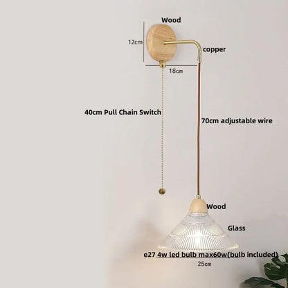 Minimalist brass and clear glass wall light bedroom pull chain switch