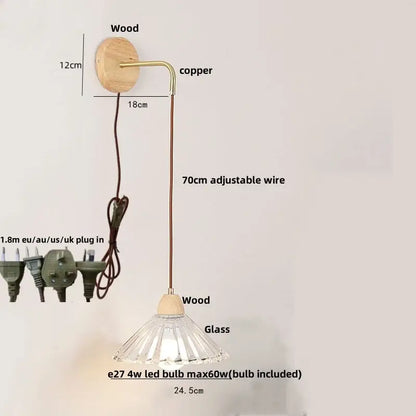 Minimalist brass and clear glass wall light bedroom pull chain switch