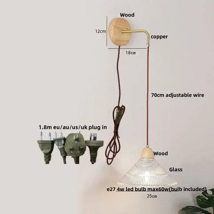 Minimalist brass and clear glass wall light bedroom pull chain switch