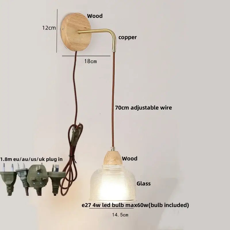 Minimalist brass and clear glass wall light bedroom pull chain switch