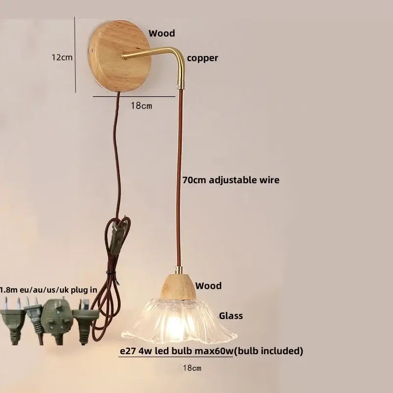 Minimalist brass and clear glass wall light bedroom pull chain switch