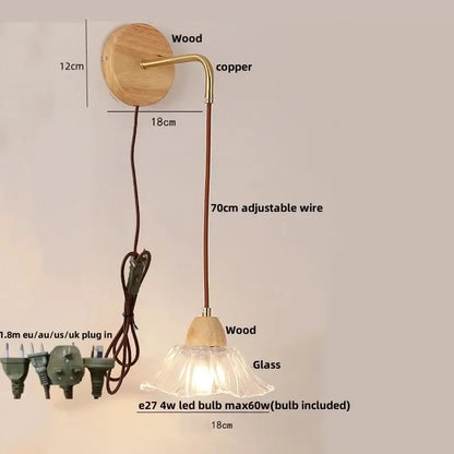 Minimalist brass and clear glass wall light bedroom pull chain switch