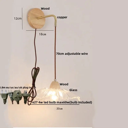 Minimalist brass and clear glass wall light bedroom pull chain switch