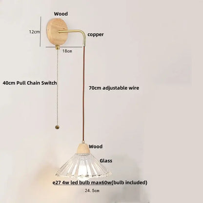 Minimalist brass and clear glass wall light bedroom pull chain switch