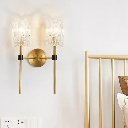 Minimalist brass crystal cylindrical wall sconce living room light