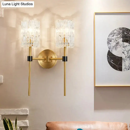 Minimalist brass crystal cylindrical wall sconce living room light