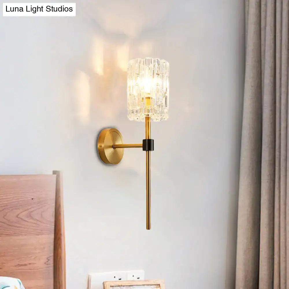 Minimalist brass crystal cylindrical wall sconce living room light